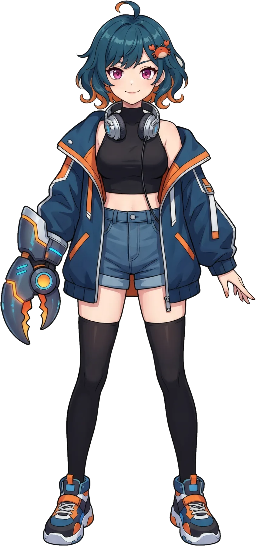 Kanityan full figure: teal bob with orange tips, navy jacket, crab-claw gauntlet