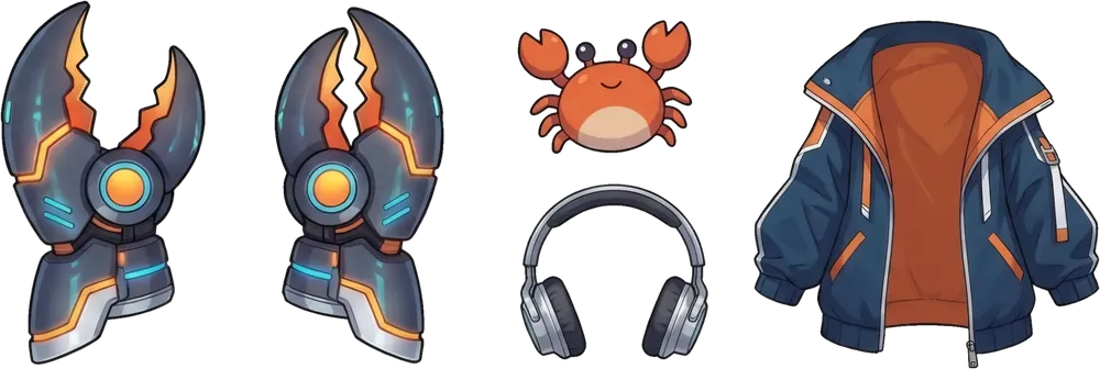 Props: claw gauntlet open and closed, crab hairpin, headphones, jacket