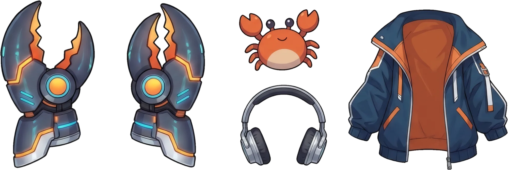 Props: claw gauntlet open and closed, crab hairpin, headphones, jacket